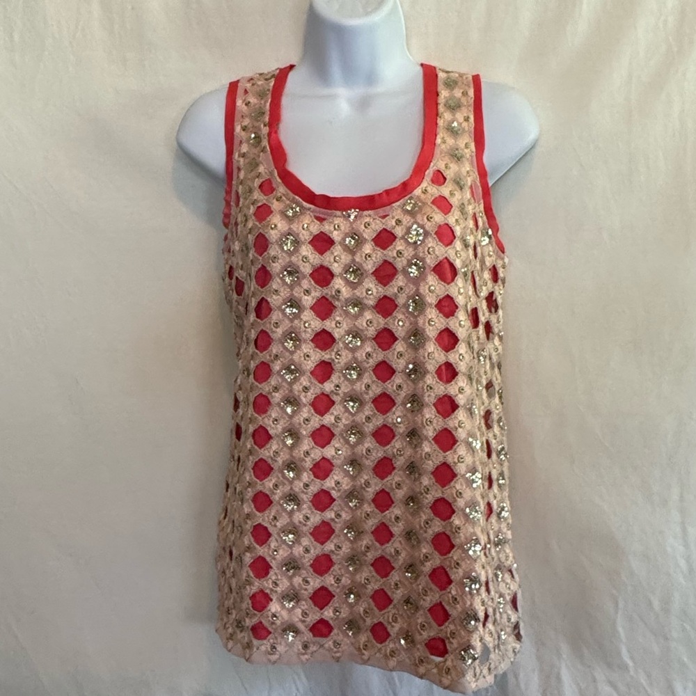 F-6 Deletta Pink Sequin & Lace Lined Sleeveless Pullover Summer Blouse Size M